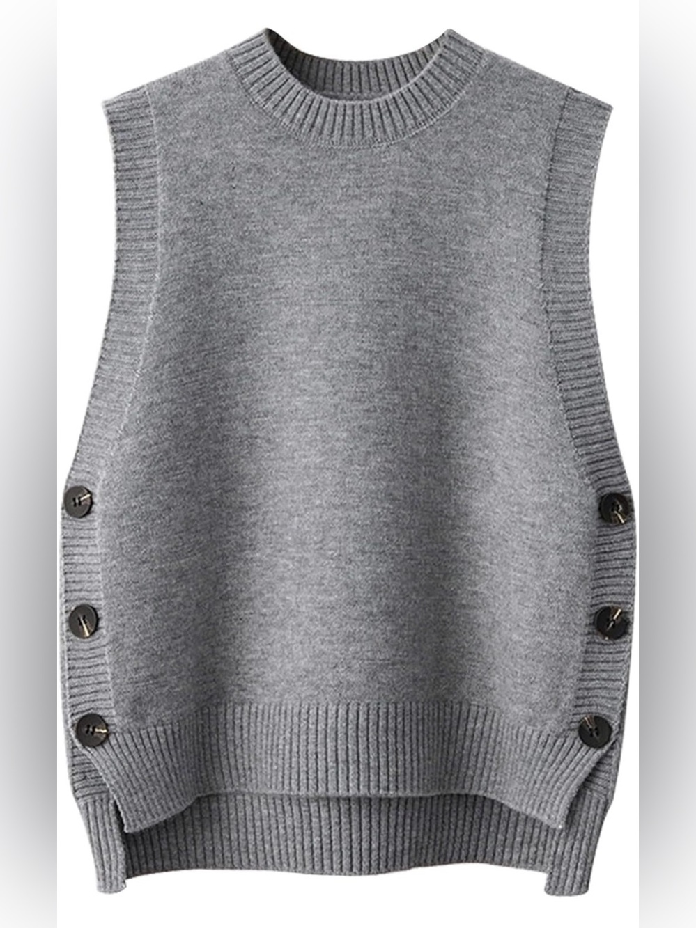 Sleeveless Side-Button V-Neck Sweater Vest Crew Neck Grey